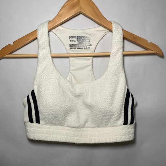 Pink by Victoria Secret Reverse Fleece Lounge Sports Bra Cream black Stripes Med - Picture 5 of 9